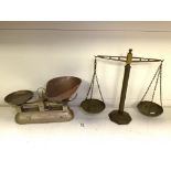 A VINTAGE SET OF BALANCE SCALES AND A VINTAGE SET OF KITCHEN SCALES