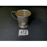 A STERLING SILVER CHRISTENING MUG, BY W. I BROADWAY & CO, BIRMINGHAM 1957, SCROLL HANDLE, ENGRAVED