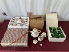 BOXED ITALIAN RUSTICO GREEN DECANTER SET WITH PORCELAIN TEA SERVICE