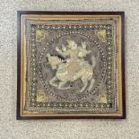 A BURMESE KALAGA TAPESTRY, SILKWORK, METAL THREAD, BEAD & SEQUIN DECORATED PANEL DEPICTING A WARRIOR