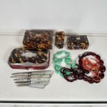 A QUANTITY OF VINTAGE TORTOISESHELL BOXES, FOUR VINTAGE BEAD NECKLACES AND FIVE STERLING SILVER