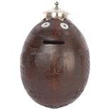 A 19th century coconut shell bugbear flask, finely carved and engraved with Renaissance style