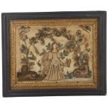 A rare Charles II Period stumpwork embroidered picture, circa 1680, depicting a woman in woodland
