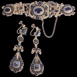 An Austro-Hungarian silver-gilt blue paste and pearl bracelet and earring set, maker KT, possibly