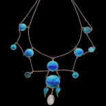 An impressive Arts and Crafts silver blister pearl and enamel festoon necklace, possibly