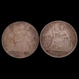 Two Republic of France Indo Chine Piastre De Commerce silver coins, dia 39mm, total 54g