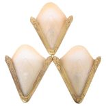 A set of 3 Art Deco style cast-brass fan-shaped wall light sconces, with relief moulded frosted