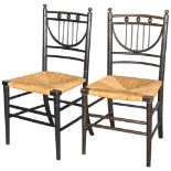 A pair of Heals Aesthetic Movement Sussex chairs, the ebonised beech frame with rush seats, height