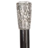 An evening cane with the scene of a queen and an assassination, - the silver-plated handle