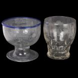 A blue edged clear glass small bowl with etched decoration, height 9cm, and a wheel-cut tumbler with