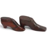 Two 19th century snuff shoes with hinged lids, one in mahogany and rosewood with extensive brass