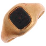 An Antique Victorian gold bloodstone 'Butterfly' seal signet ring, the rectangular flat-top