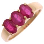 A 9ct gold three stone ruby ring, Gems TV, 2007, claw set with oval-cut rubies, setting height 6.