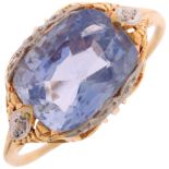 A Belle Epoque sapphire and diamond ring, set with 3.30ct cushion-cut sapphire, in rose-cut
