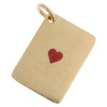 An Art Deco 18ct gold enamel 'Ace Of Hearts' playing card pendant, plain rectangular form, with