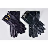 Two Pairs of Hermes Ladies Gloves, one pair in black leather with silver buckle to cuff, the other