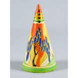 Clarice Cliff 'Bizarre' Pottery - a conical sugar sifter enamelled in 'Windbells' pattern 5.5ins