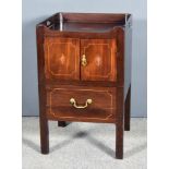 A George III Mahogany and Inlaid Bedside Night Commode, with handle cut-outs to the tray top, and