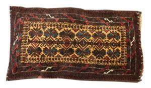 AFGHAN BELUCH PILLOW, the top of bordered rug pattern, the back a striped kelim, 3' x 1'9" (91.5cm x