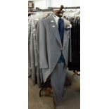 APPROX 27 GREY TAILCOATS, SIZES 36-50, APPROX 27 MATCHING GREY TROUSERS, SIZES 28-50 AND APPROX 27