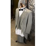 APPROX 43 GREY TAILCOATS, SIZES 34-50, APPROX 43 GREY TROUSERS, SIZES 28-46 AND 43 GREY WAIST COATS