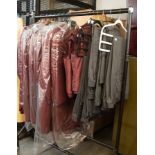 APPROX 13 MAROON COLOURED TAILCOATS, SIZES 40-48, APPROX 13 GREY PIN STRIPED TROUSERS, SIZES 30-36