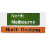 Two Australian enamel railway signs for North Melbourne and North Geelong