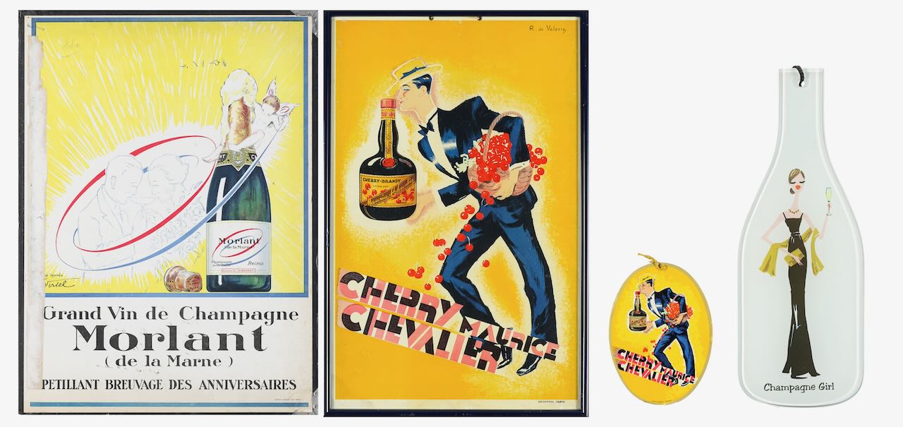 Two cherry brandy liqueur advertisements with Maurice Chevalier, designed by Roger de Valeric, with