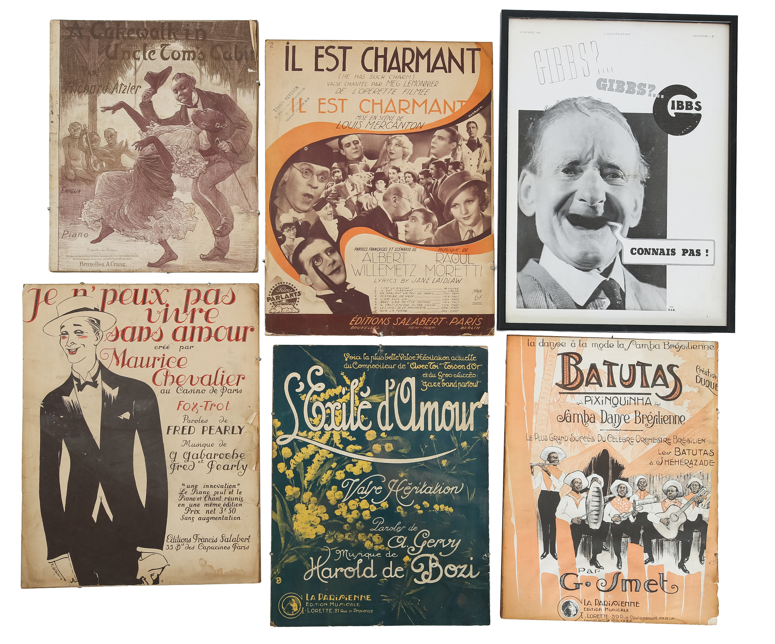 A collection of mostly French sheet music covers, 1920's-1940's