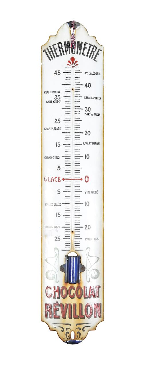 A large French Chocolat Revillon enamel advertising wall thermometer sign, circa 1920's