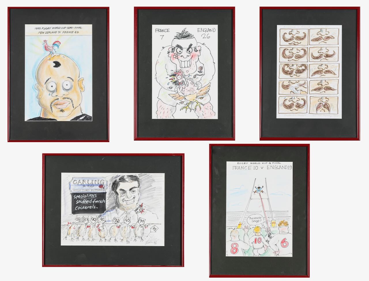 A group of five French rugby caricatures