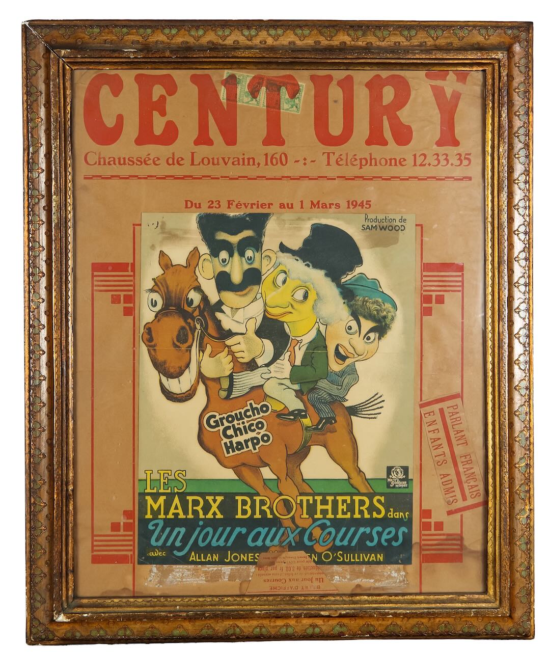 A rare Paris cinema Marx Brother's 'Un jour aux Courses' poster in original glazed frame. c.1945