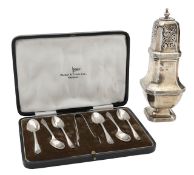 A George V silver sifter and a cased set of teaspoons
