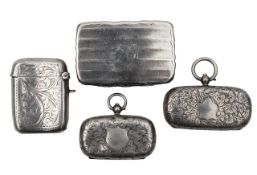 A Victorian silver snuffbox, two sovereign holders and a vesta case
