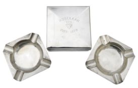 A pair of George VI silver ashtrays and a silver-plated cigar box