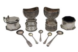 A set of silver cruets and two silver-plated napkin rings