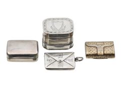 A silver nutmeg grater, two vinaigrettes, and a stamp box