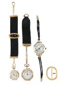 Two gold pocket watches, a lady's wristwatch and buckle