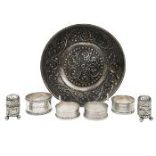 A silver bowl, four napkin rings and a pair of Victorian cruets