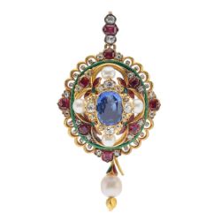 A sapphire, gold, enamel and pearl Holbeinesque pendant