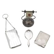 A George V silver compact, mirror, card case and trumps card stand