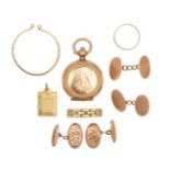 An 18ct gold band, two pairs of 9ct cufflinks, a pendant, ring and a sovereign case