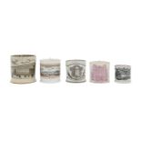 Five topographical transfer ware printed mugs