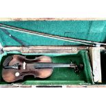 HALF SIZE VIOLIN, APPROX 53cm LONG, AND BOW WITHIN RECTANGULAR CASE, BODY LENGTH APPROX 31.5cm