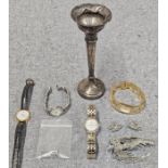 Mixed Lot Inc. Stemmed Silver Bud Vase (Filled), Rotary & Other Wristwatches, Plus Marcasite