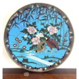 CLOISONNE PLAQUE, JAPANESE, PAIR OF QUAILS IN GARDEN, REPAIR TO REVERSE BORDER