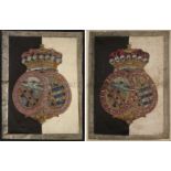 TWO PAINTED SILK HATCHMENTS FROM THE STATE FUNERAL CARRIAGE OF VICE-ADMIRAL VISCOUNT NELSON, 1805