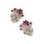 A pair of mid 20th century ruby and diamond floral brooches,