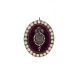 A late Georgian enamel, pearl and diamond mourning brooch,