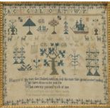 A Georgian needlework Sampler, worked in coloured threads on a linen ground, with symbols